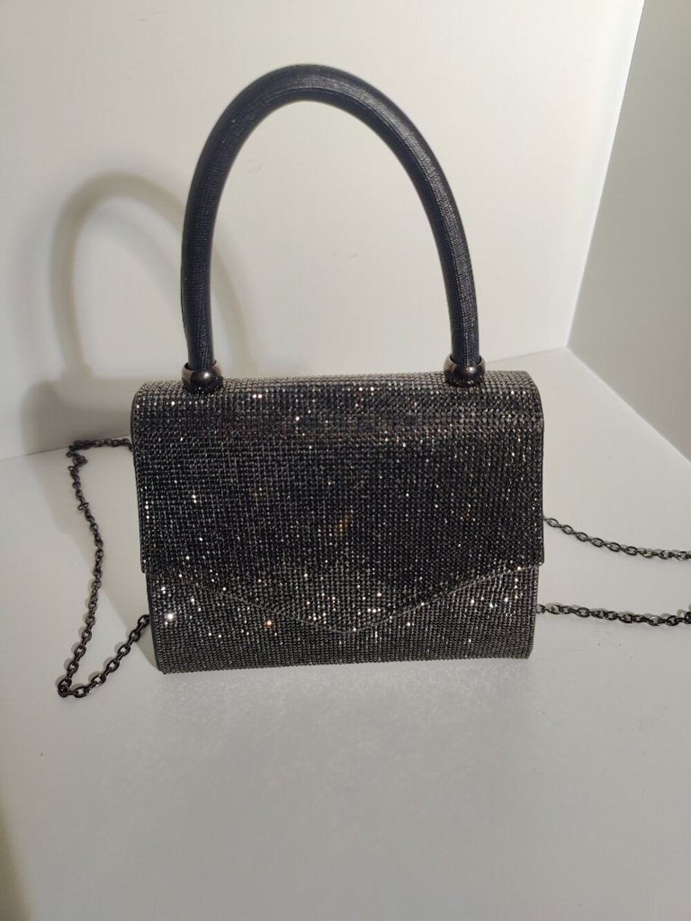 Aldo Gunmetal Rhinestone Flap Top Handle Crossbody Evening Bag